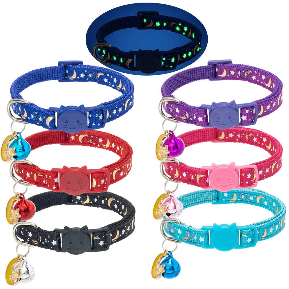 KOOLTAIL Cat Collar Breakaway With Bell For Kitten-6 Pack Stars And Moon Charm Pendent Cat Reflective Collars Bell Glow In The Dark For Cats Kitty Puppy,?29.97 cm,W_1.02 cm,Assorted