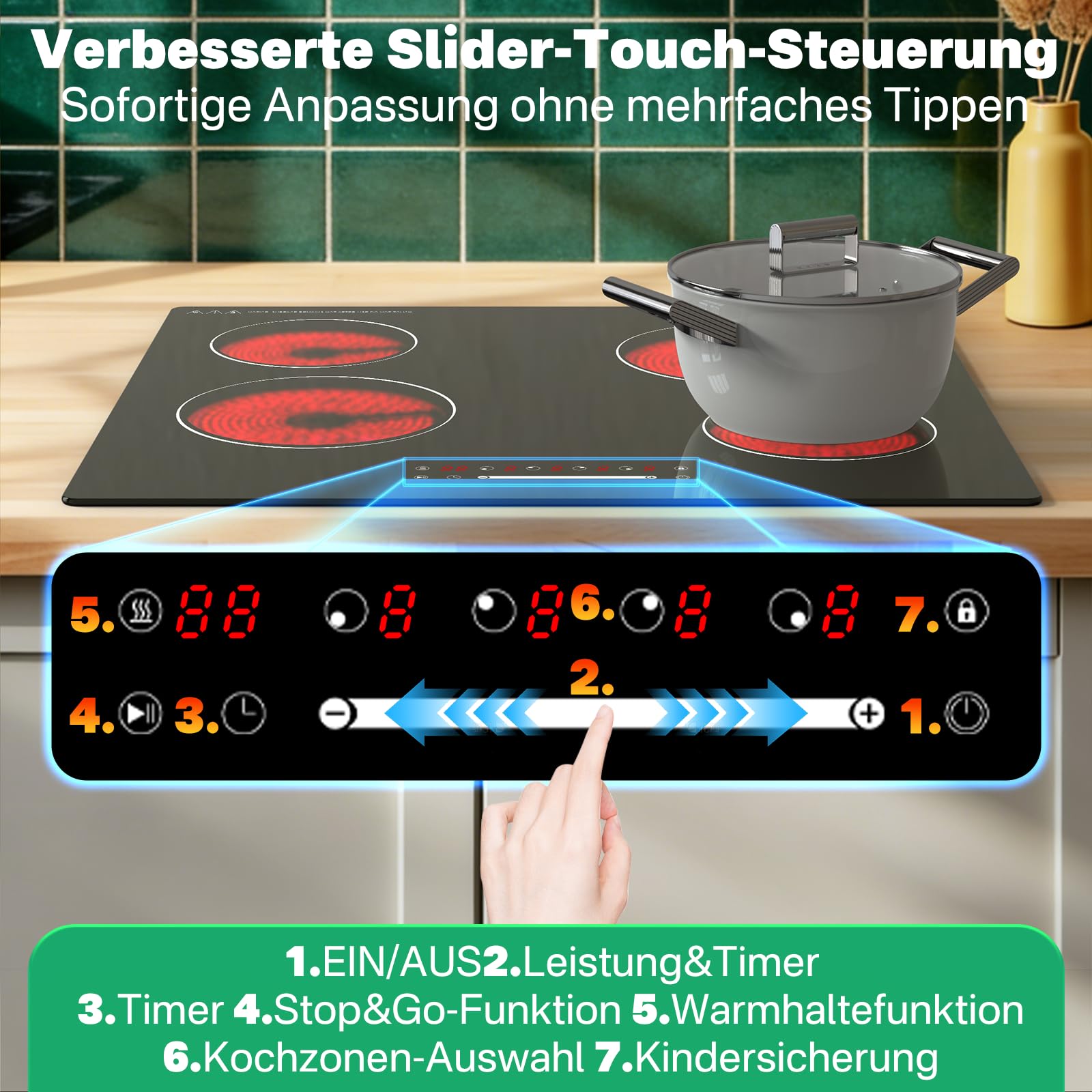 60 cm Glaskeramik Kochfeld 4 Zonen, 6000W Elektro-Cerankochfeld Einbau, Slider Touch Bedienung, Einkreis-Kochzonen, Ohne Stecker Festanschluss, 560×490 mm