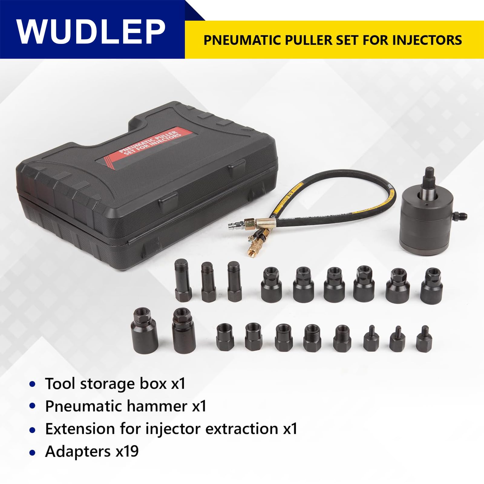 Set di estrattori pneumatici per iniettori Tech per motori diesel, kit di strumenti per la rimozione degli iniettori a vibrazione d'aria da 5-8 bar da 21 pezzi con martello estrattore, 19 adattator