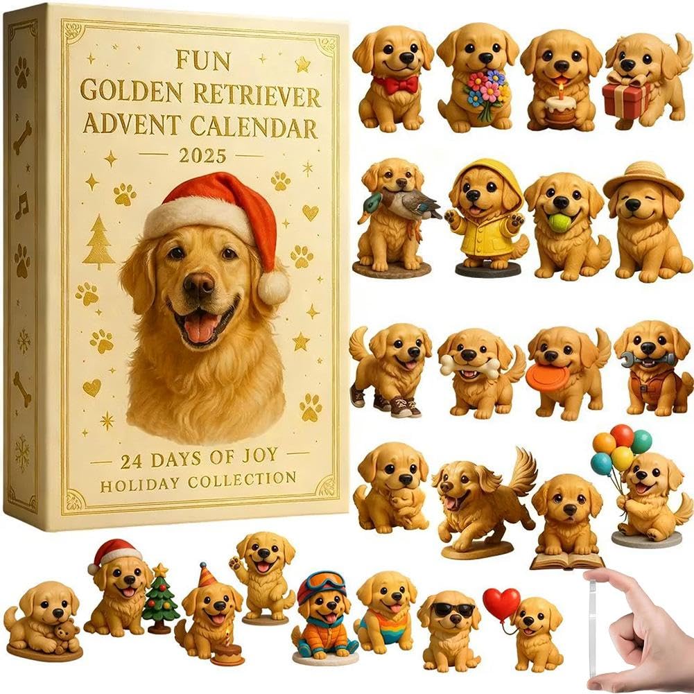 Divertente calendario dell'avvento 2025 con Golden Retriever, set regalo a tema cuccioli, conto alla rovescia per Natale da 24 giorni, con decorazioni 2D in acrilico per gli amanti degli animali