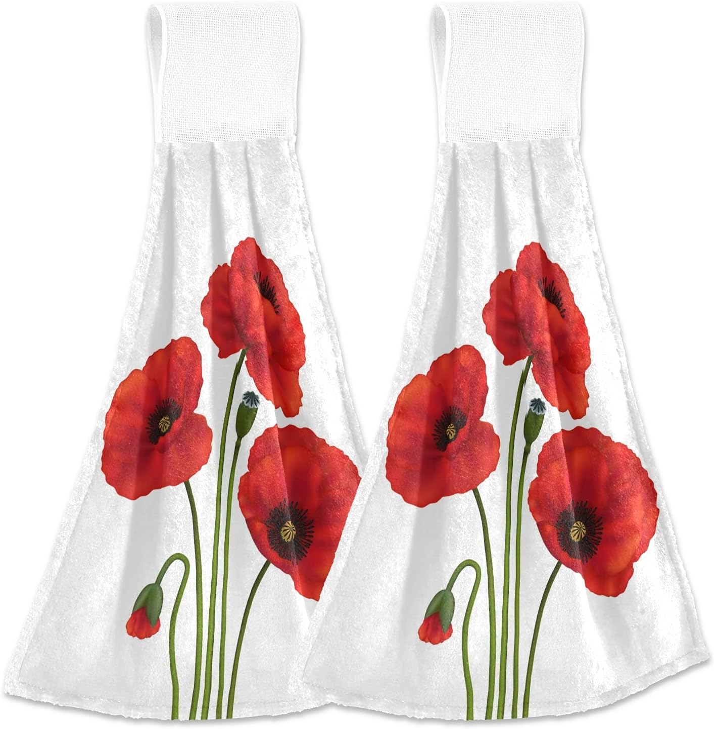 Red Poppy Flowers Kitchen Hand Towel Absorbent Hanging Tie Towels with Loop for Bathroom 2 Pcs
