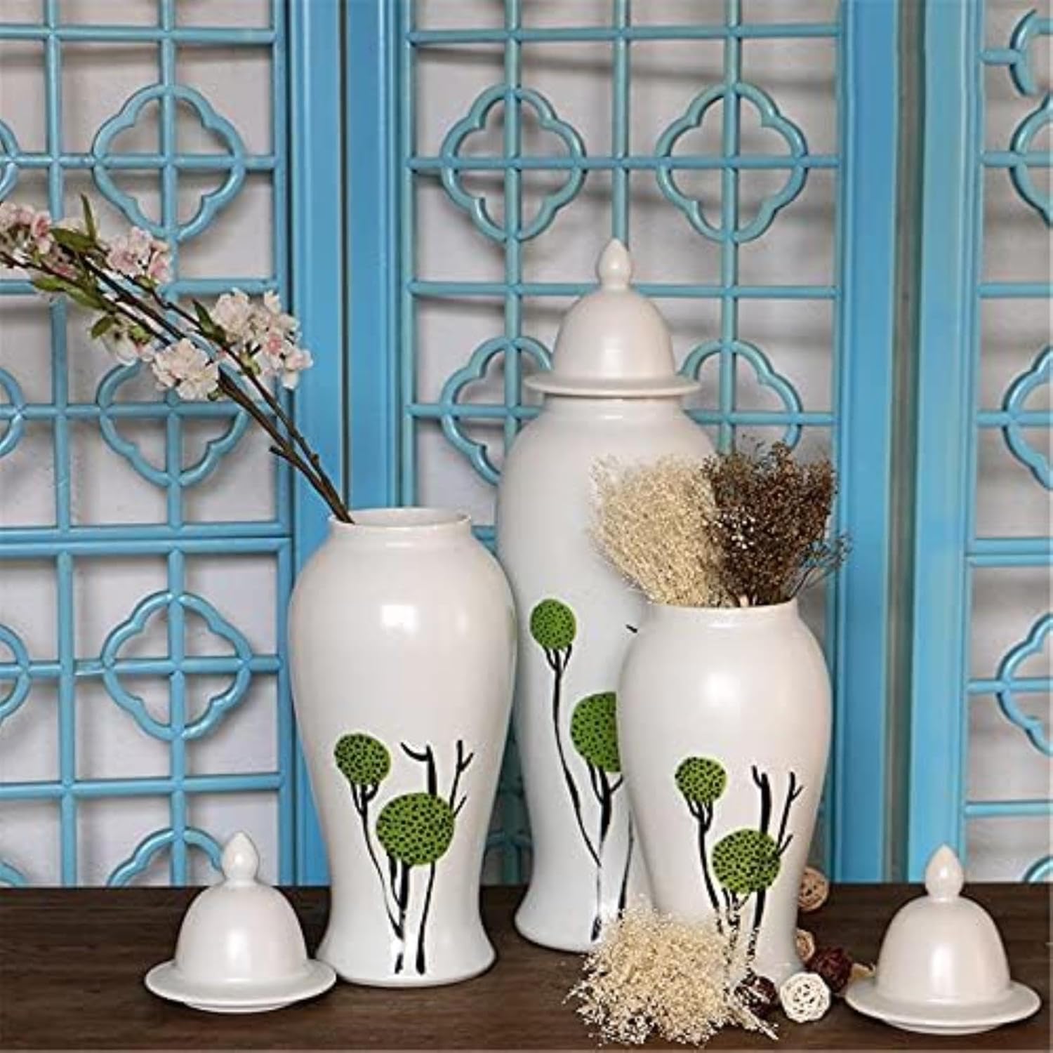 Ceramic Jars,Tea Jar,Chinese Style Storage Jars,White Ginger Glass Decorative Glass Temple Glass Oriental vases Porcelain jar Ceramic Glass Ginger Glass vase with lid (Size: Height 50 cm (19.7 inches