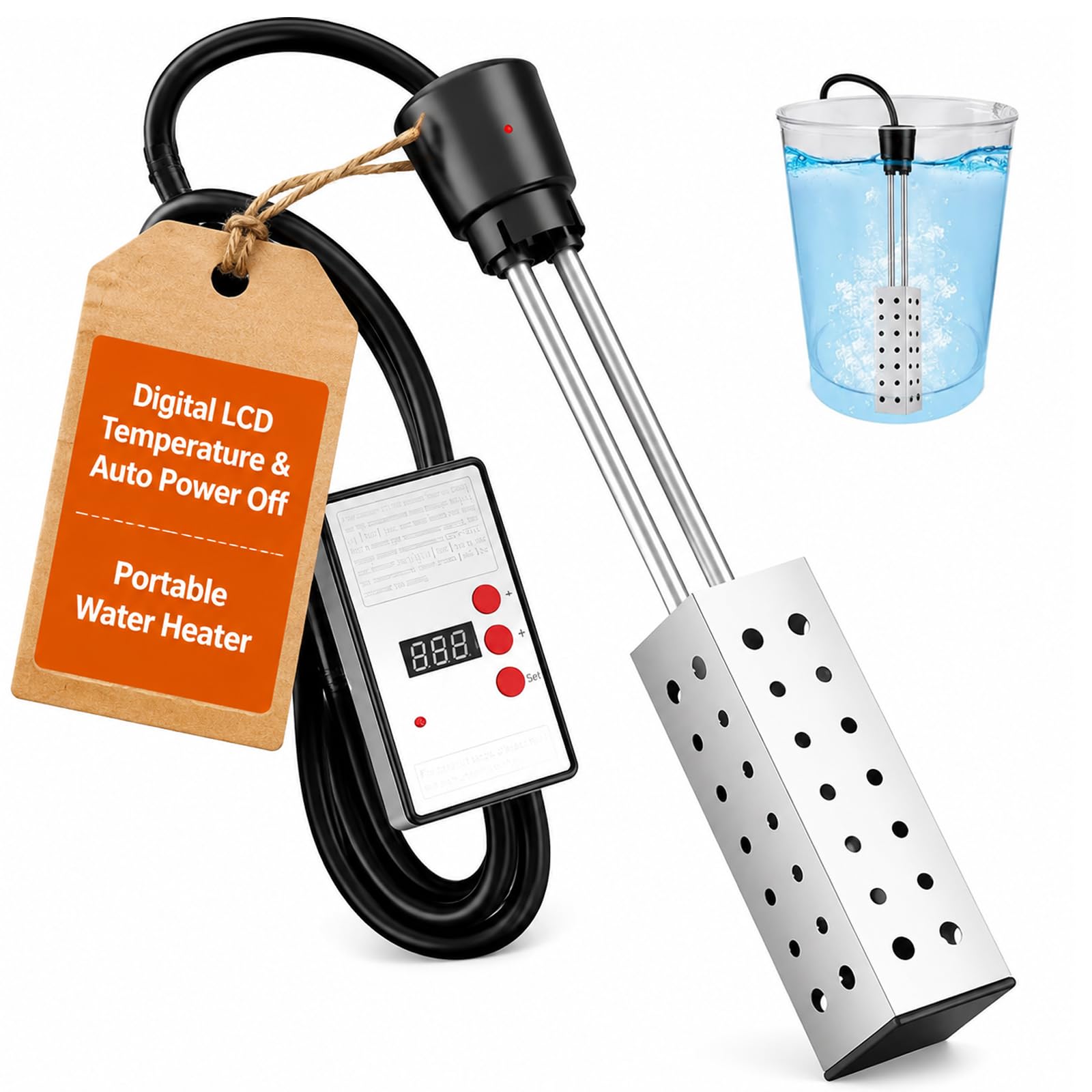 Chauffe-eau portable, thermoplongeur électrique avec affichage numérique de la température et mise hors tension automatique, protection de sécurité en acier inoxydable, pour la maison, le camping, la