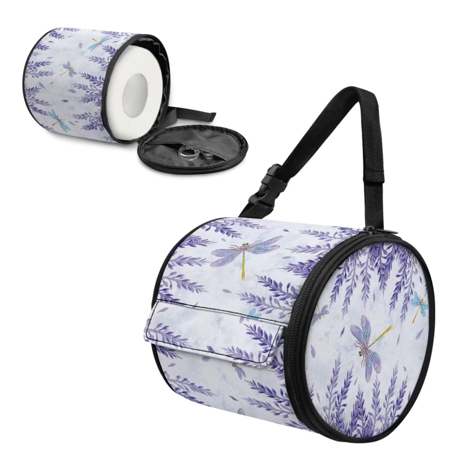Tutolipy Lavender Dragonfly Paper Towel Holder Water Resistant Tissue Dispenser with Adjustable Strap, Collapsible Zippered Cylinder Hanging Toilet Paper Roll Holder