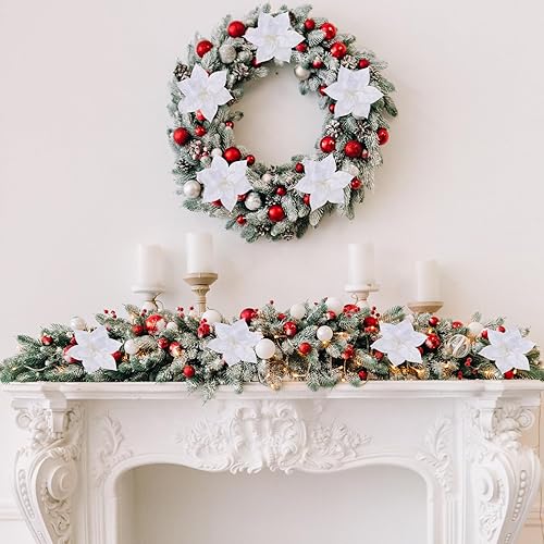 Miniatura 5 de CEWOR 12 flores de Pascua artificiales de franela para árbol de Navidad, flores con clips y tallos para bodas, fiestas, árbol de Navidad, 6.7