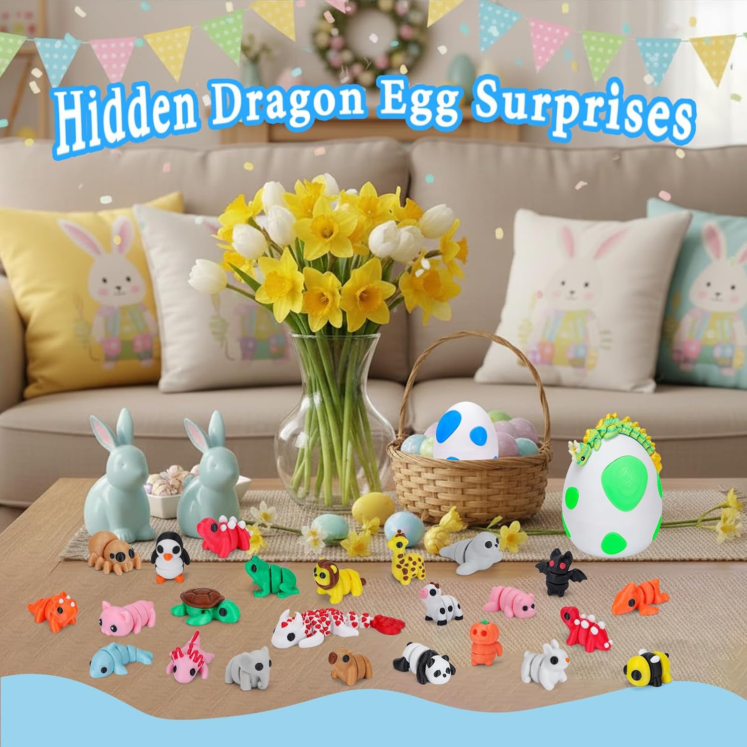 25Pcs Mini 3D Printed Animals with Dragon Eggs Set, 3D Printed Fidget Toys Bulk, Flexible Articulated Animals Figurines, Adults Desk Pets, Pocket Pets, Easter Basket Stuffers (Mix Animal)