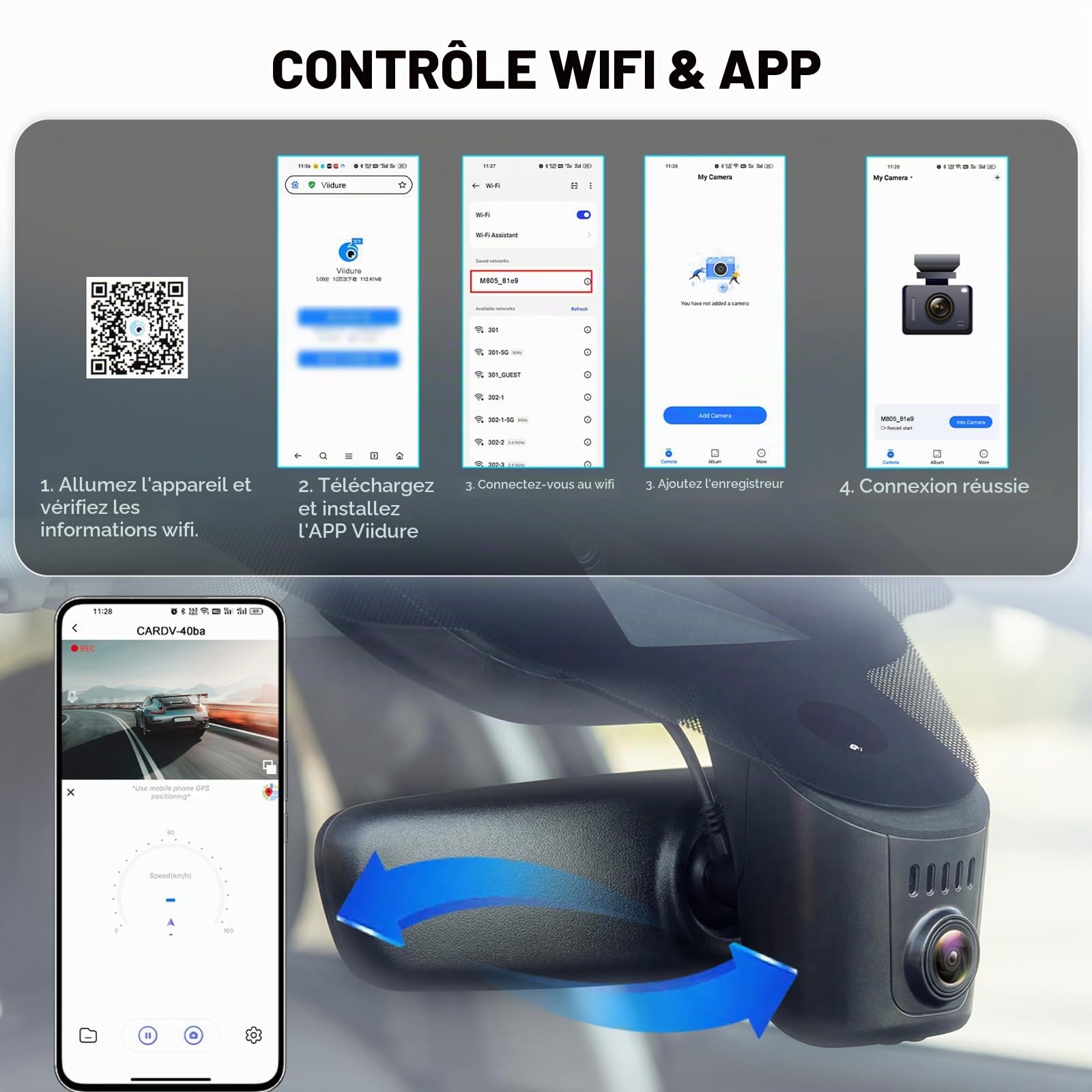 CAMECHO Dashcam 4K pour Audi A4 A3 A5 Q5 TT 2019-2026, Caméra Embarquée 2160P 30fps vidéo Wi-FI avec capteur G, Enregistrement en Boucle, Dashcam Voiture, Accessoires OEM Audi
