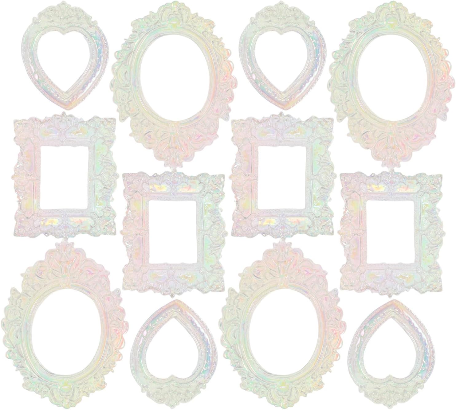 15pcs Mini Frames for Crafts - Iridescent Small Vintage Picture Frames for Photo Booth Jewelry Display Party Decorations - Heart/Oval/Square Shapes