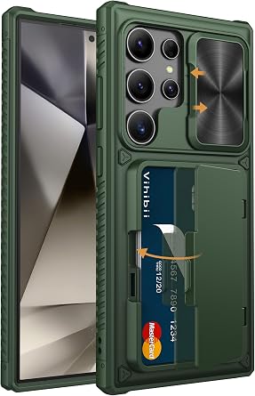 Vihibii for Samsung Galaxy S24 Ultra Case with Card Holder 4 Cards & Slide Lens Cover & Kickstand & Raised Edges Protect Screen, Shockproof Rugged Case for Samsung Galaxy S24 Ultra 6.8", Green