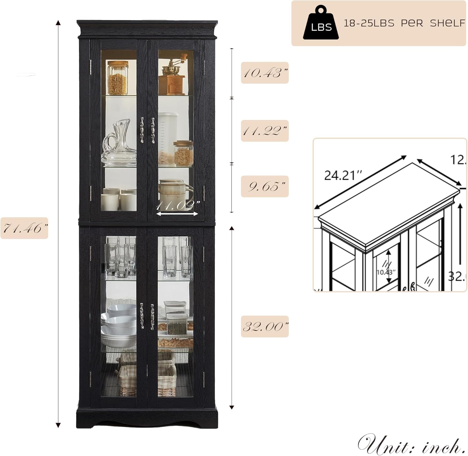 Lighted Curio Cabinet 71" Vintage Glass Display Case with 6 Adjustable Shelves, 4 Tempered Glass Doors, Bulb Included, Wine Bar China Cabinet with Arched Bottom for Living Room (Black)