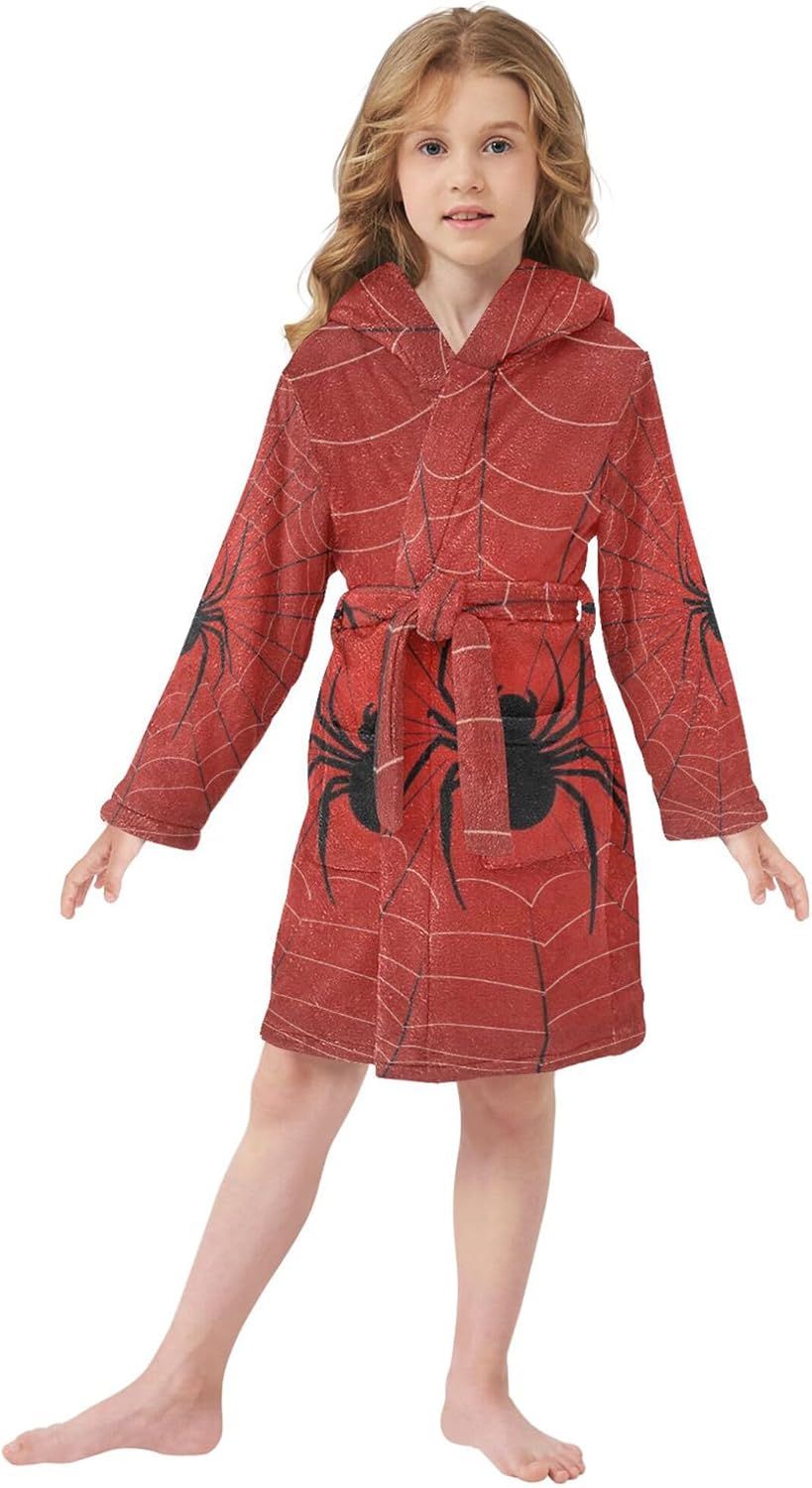 Black Spider Web with Red Bathrobe Hooded PJ Robe Soft Fleece Robe Pajama Sleepwears 2-12 Years