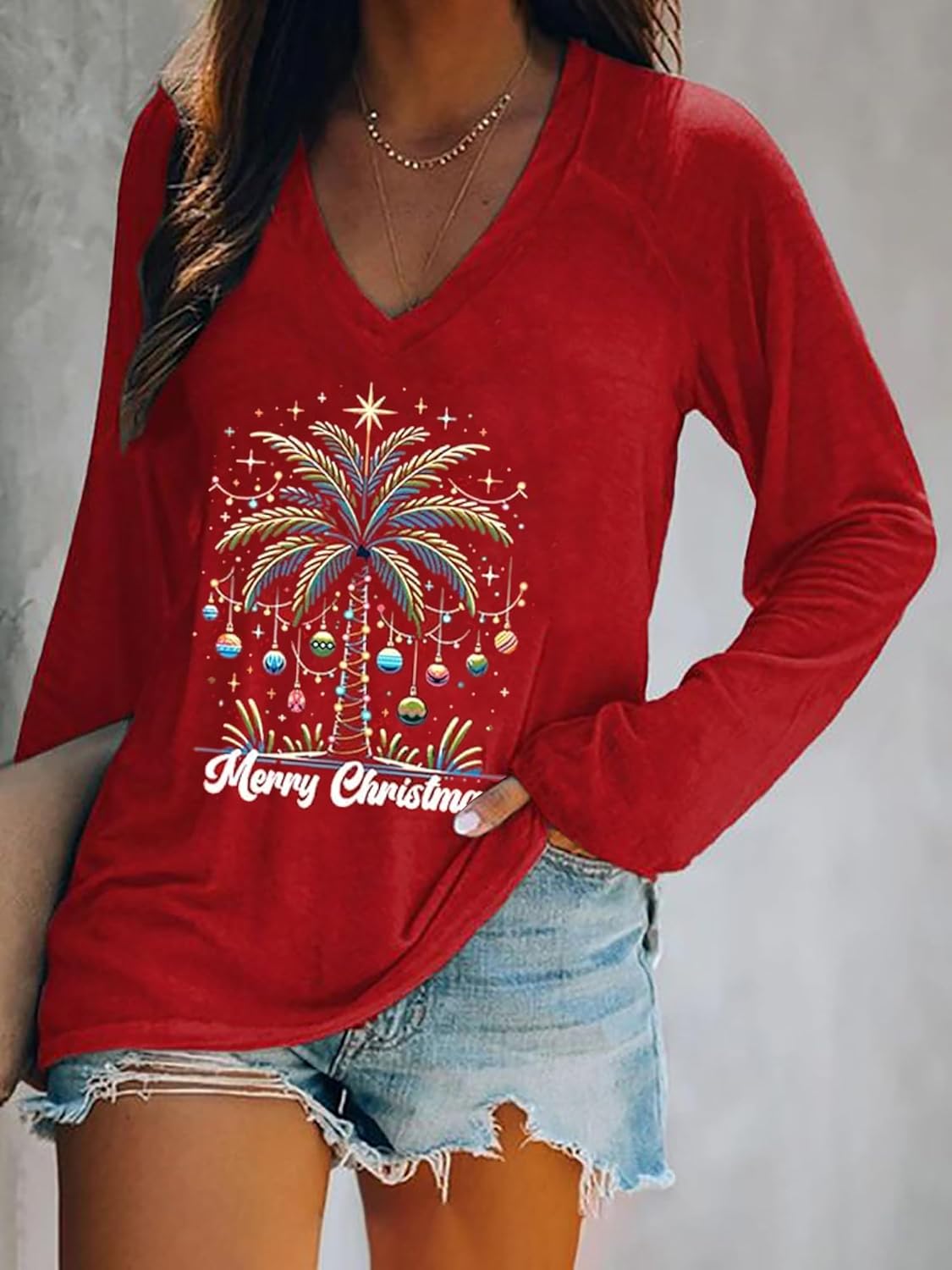 Christmas Palm Tree Shirt for Women Hawaiian Beach Tropical Christmas Palm Tree Shirts Xmas Holiday Long Sleeve Tshirt - Image 2