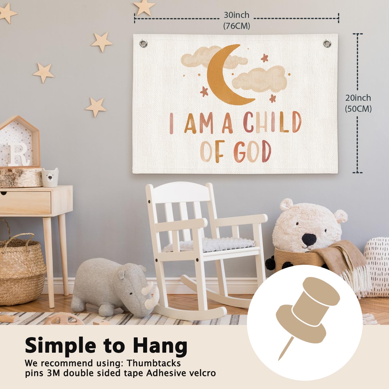 ETVISO Christian Bible Verse I Am a Child of God Boho Moon Cloud Nursery Room Decor - Linen Banner Wall Hanging Canvas Banner Flag Decor for Kids Nursery Toddler Bedroom Playroom