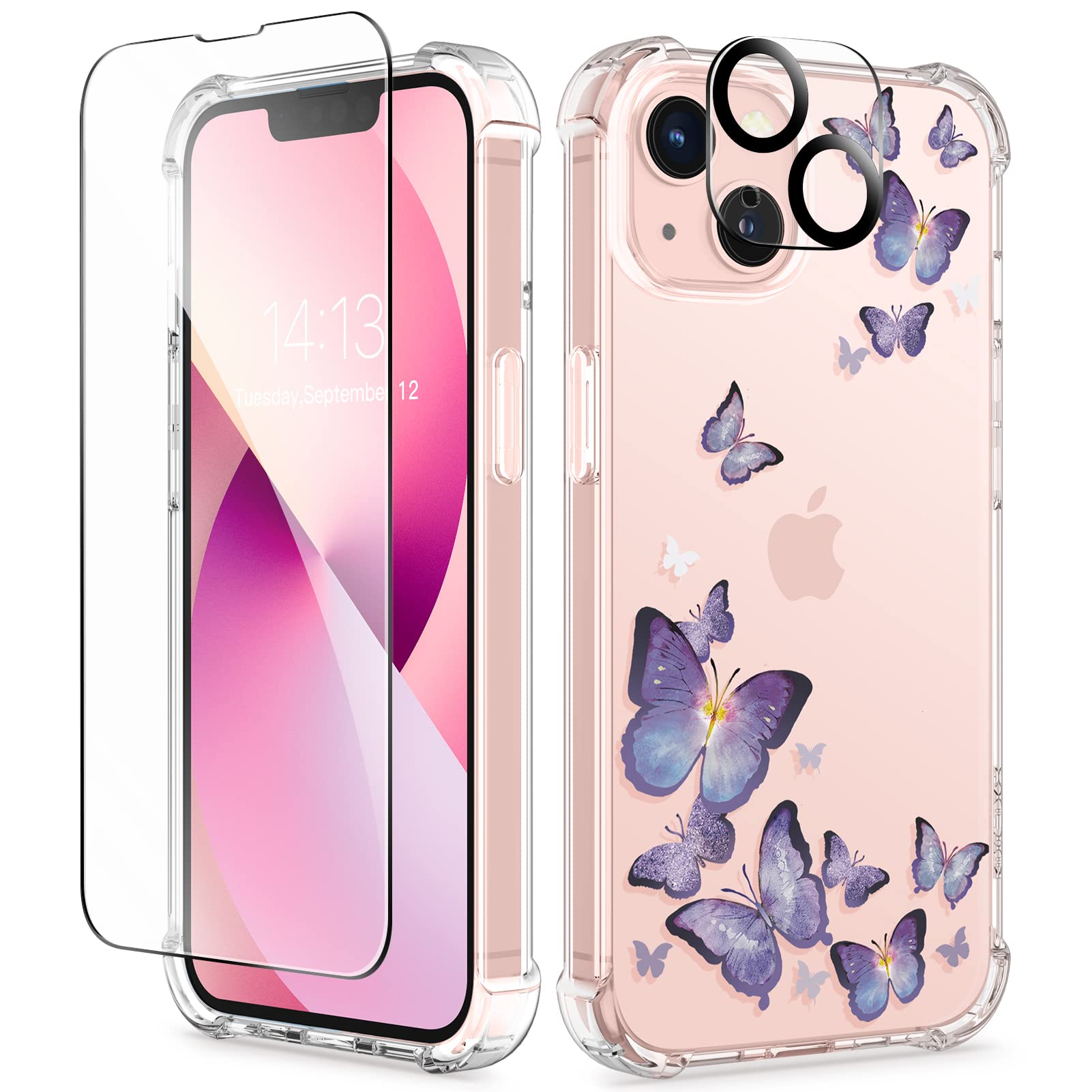 GVIEWIN for iPhone 13 Case Floral, with Screen Protector&Camera Lens Protector,[Non Yellowing] Soft Shockproof Clear Phone Protective Cover for Women,