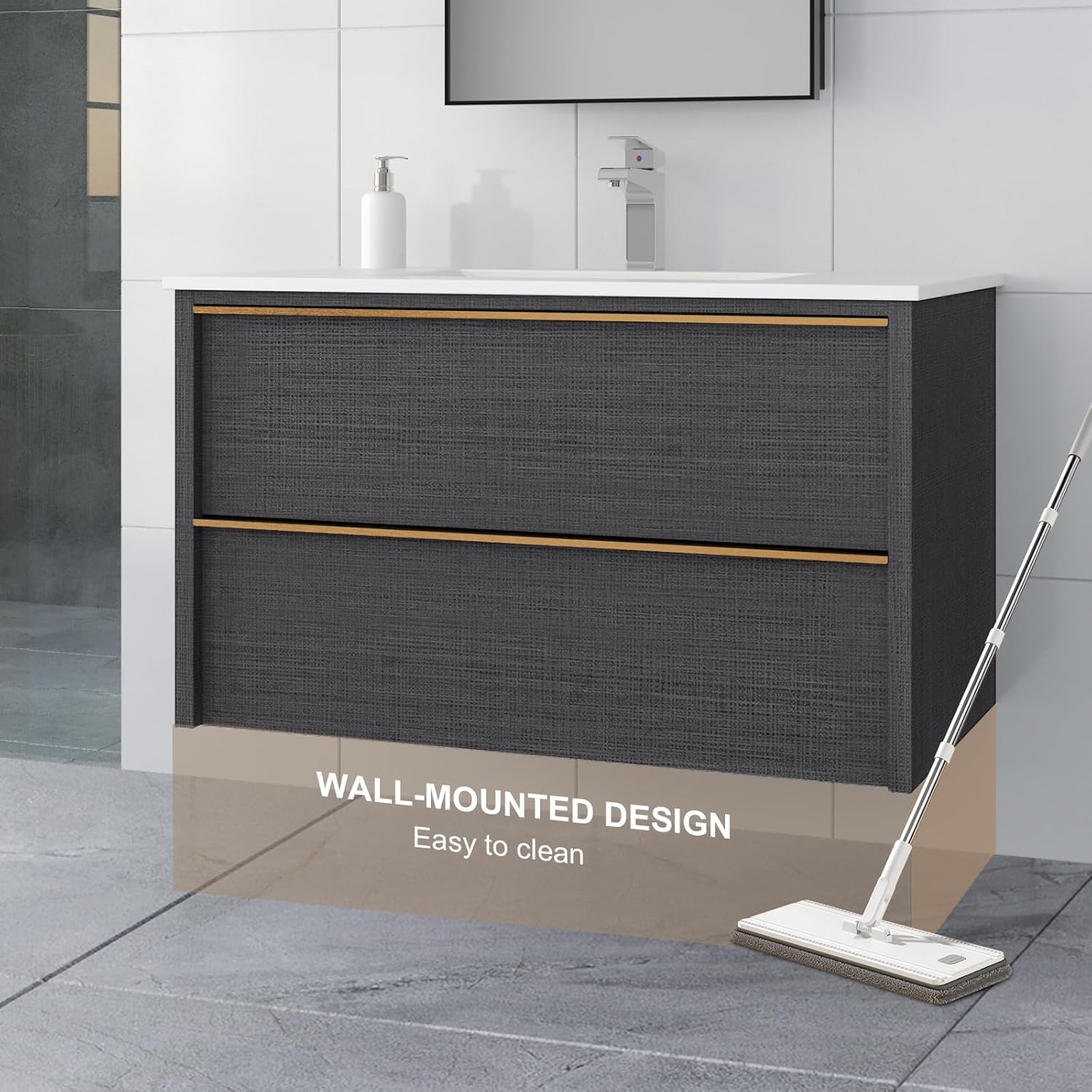 36 Inch Bathroom Vanity with Sink, Floating Vanity Bathroom, Modern Wall Mount Bathroom Cabinet, Double Drawers, Gold Handle, Suitable for All Kinds of bathrooms (with Sink, 36")