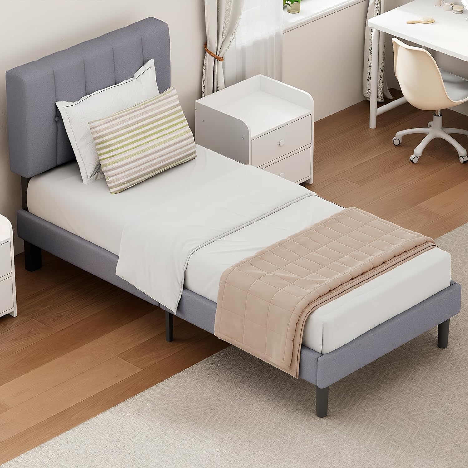 Bed Frame Twin with Adjustable Upholstered Headboard, Fully Upholstered with Storage and Wood Slats Support, Noise-Free Platform, No Box Spring Needed, Easy Assembly, Grey