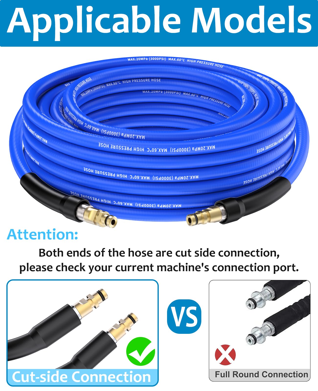 Tuyau de rechange pour nettoyeur haute pression de 10 m pour série K - Compatible avec K2 K3 K4 K5 K7 avec raccord rapide à clic - Diamètre du tuyau : 11,2 mm - Bleu