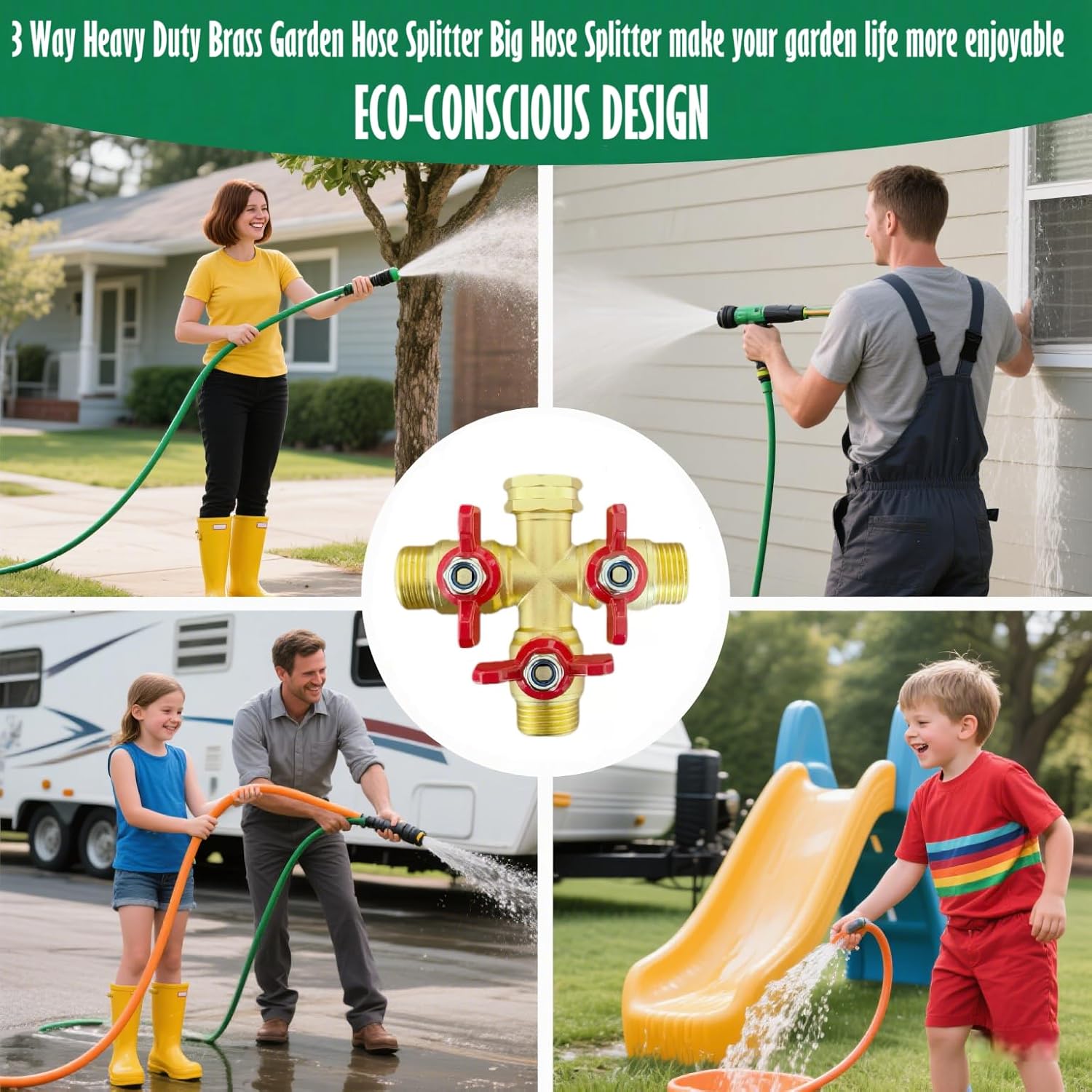 3 Way Garden Hose Splitter with Shut-Off Valves | Leak-Proof Brass Construction | for Lawn Irrigation & Outdoor Faucets | Easy Install(3 Way)