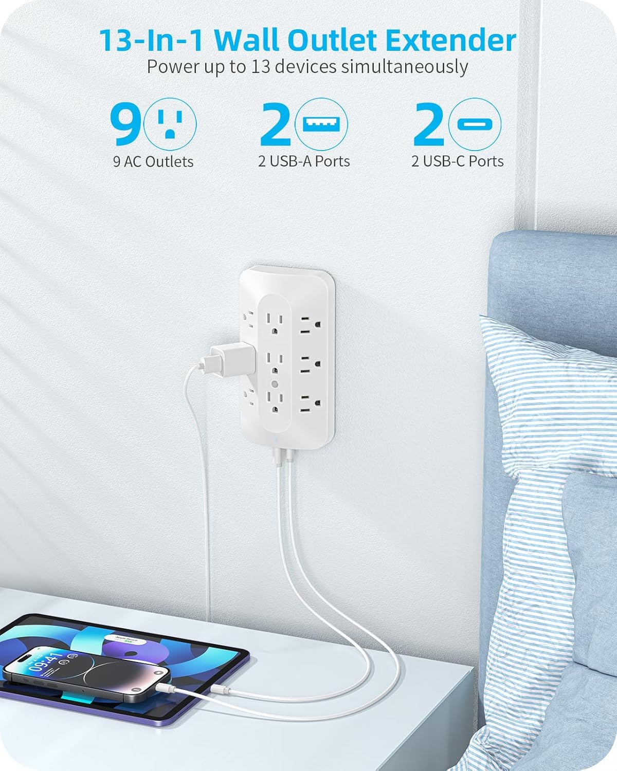 9 Outlet Extender, Multi Plug Wall Outlet with 4 USB Charging Ports (2 USB C), 3 Sided Surge Protector Power Strip for Home, Office, Dorm Essentials, White