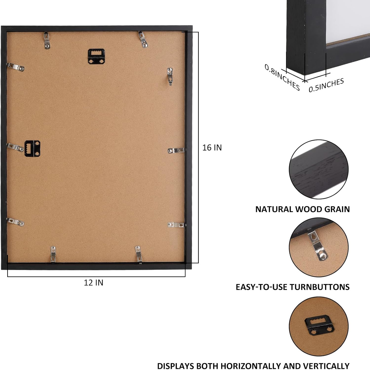 Oak Series 12x16 Solid Black Oak Picture Frame, Natural Grain Finish, Matted to 9.6x11.6, Gallery-Style Acrylic Front, Minimalist Narrow Border
