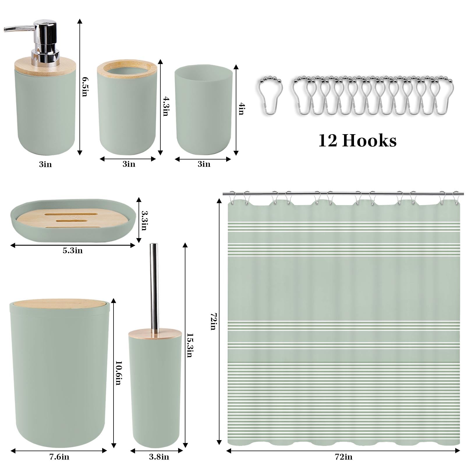 Britimes Badezimmer-Zubehör-Sets, salbeigrün Duschvorhang-Set mit Mülleimer, Seifenspender, WC-Bürstenhalter, Zahnbürstenhalter und Zahnbürstenbecher für Badezimmer-Dekor (Grün)
