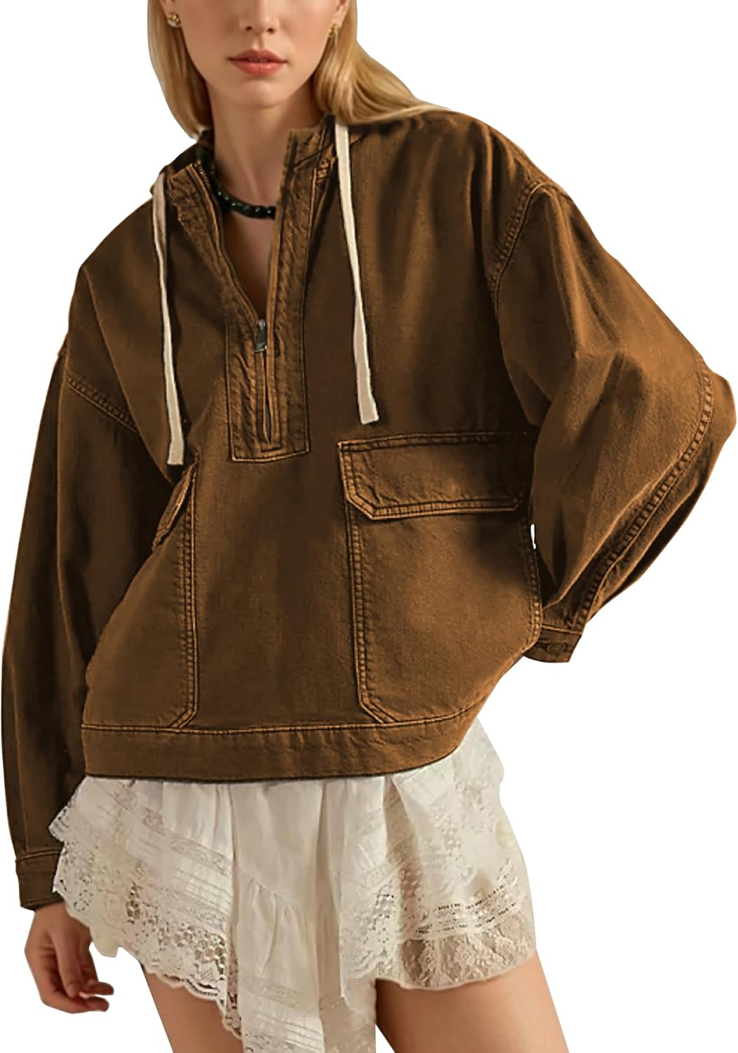 HangNiFang Womens Oversized Hooded Denim Cotton Jacket Cargo Half Zip Pullover Coat with Pockets