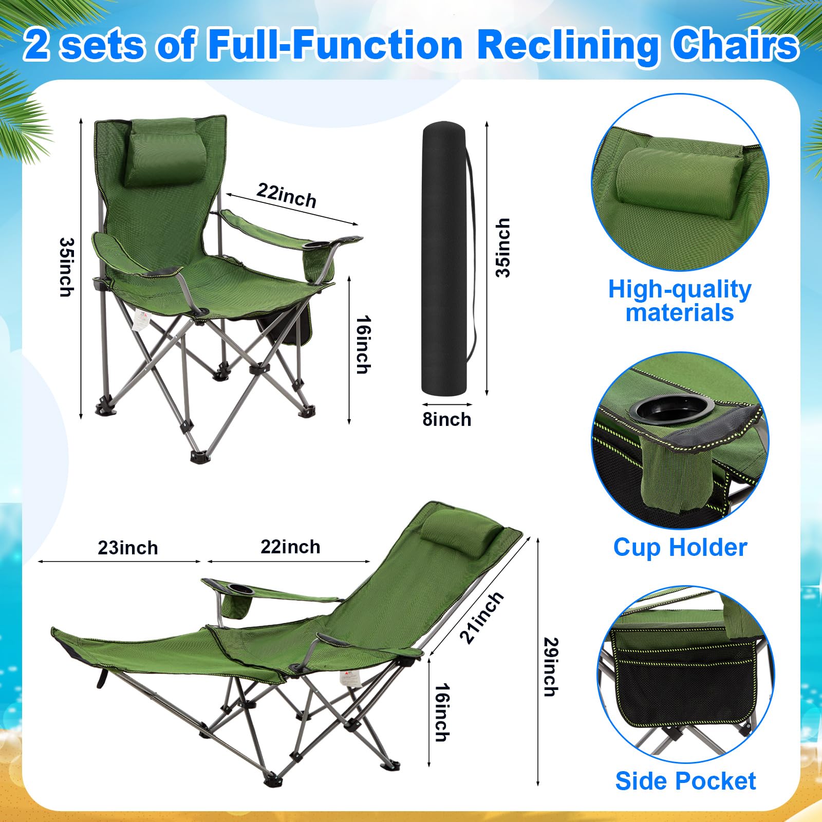 Yuntau 2-Set Reclining Camping Chairs With Umbrellas - Adjustable Mesh Lounger With Foot Rest