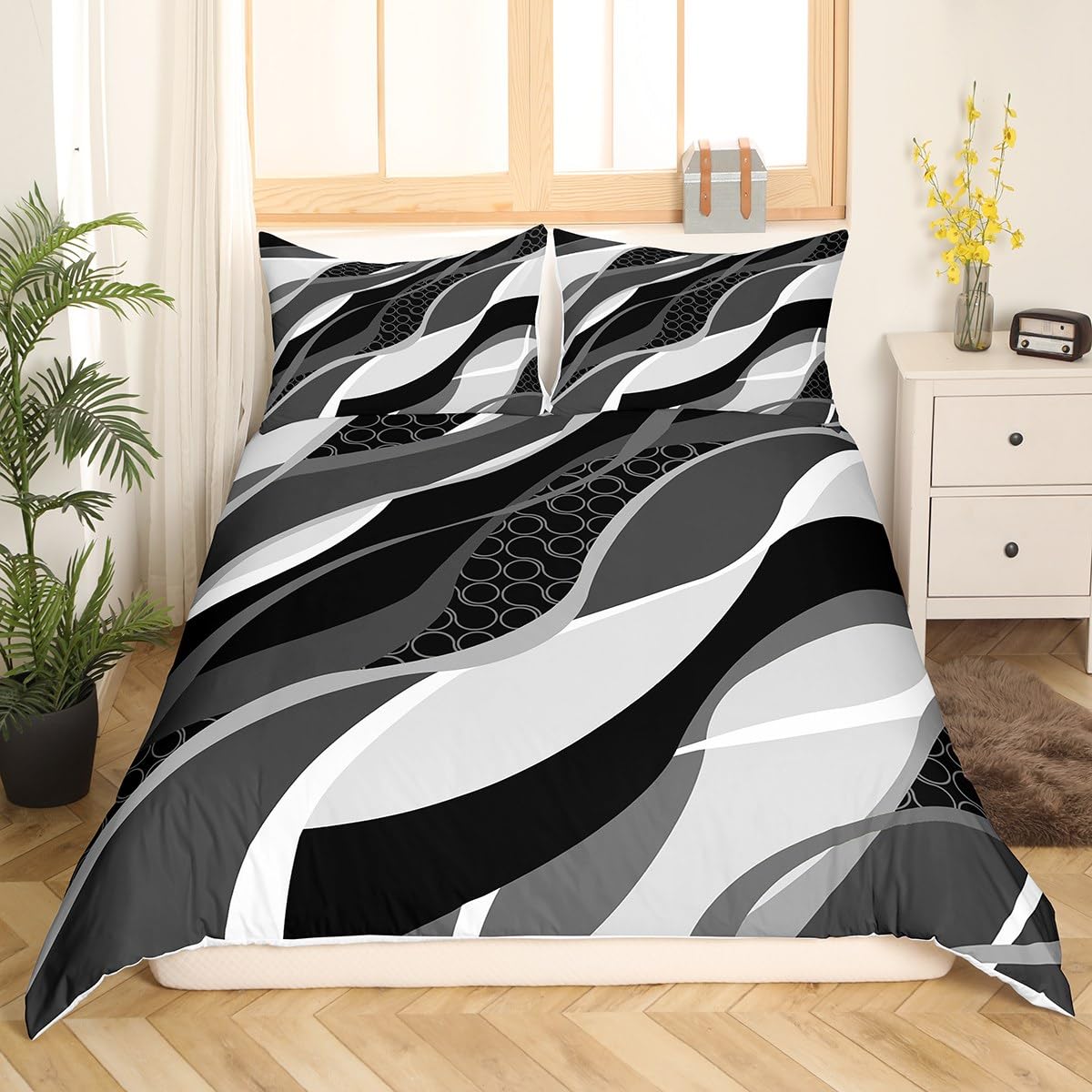 Black Grey Duvet Cover Set Double Size, Abstract Wavy Stripe Circle Comforter Cover with 2 Pillowcases - Image 3