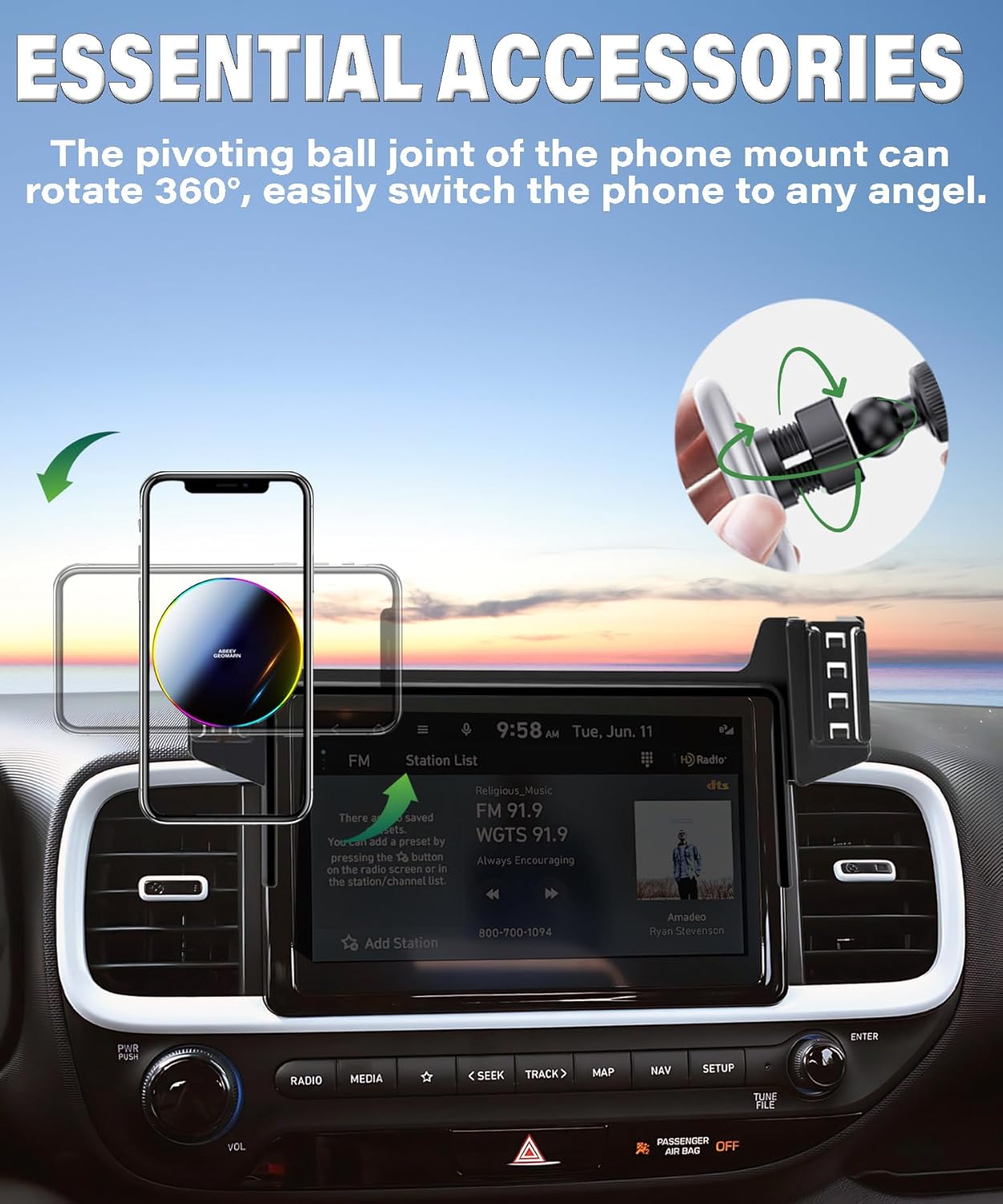 Car Phone Holder for Hyundai Venue 2020-2025 Accessories Apply to 8 Inch Touchscreen 15W Fast Wireless Charger Screen Fixed Clip HandsFree Cell Phone Mount 360° Rotation