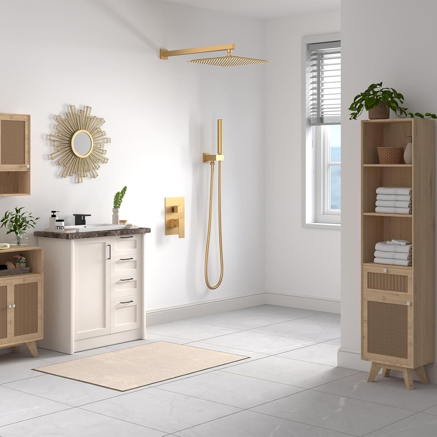 BESy 16 Inch Rain Shower Head, 16" Square Rainfall & High Pressure Stainless Steel Bath Showerhead, 1/16" Ultra Thin, Waterfall Full Body Coverage with Silicone Nozzle, Brushed Gold 16 Inch Brushed Gold