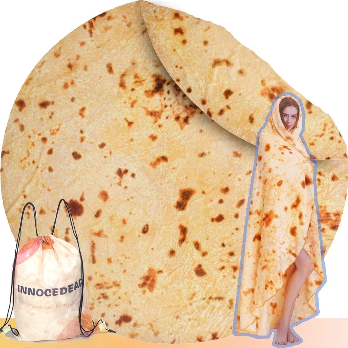 INNOCEDEAR Burritos Tortilla Blanket,71 Inches Double Side Flannel Tortilla Blanket, Flour Tortilla Throw Blankets,Soft Novelty Giant Round Blanket for Adults& Kids.
