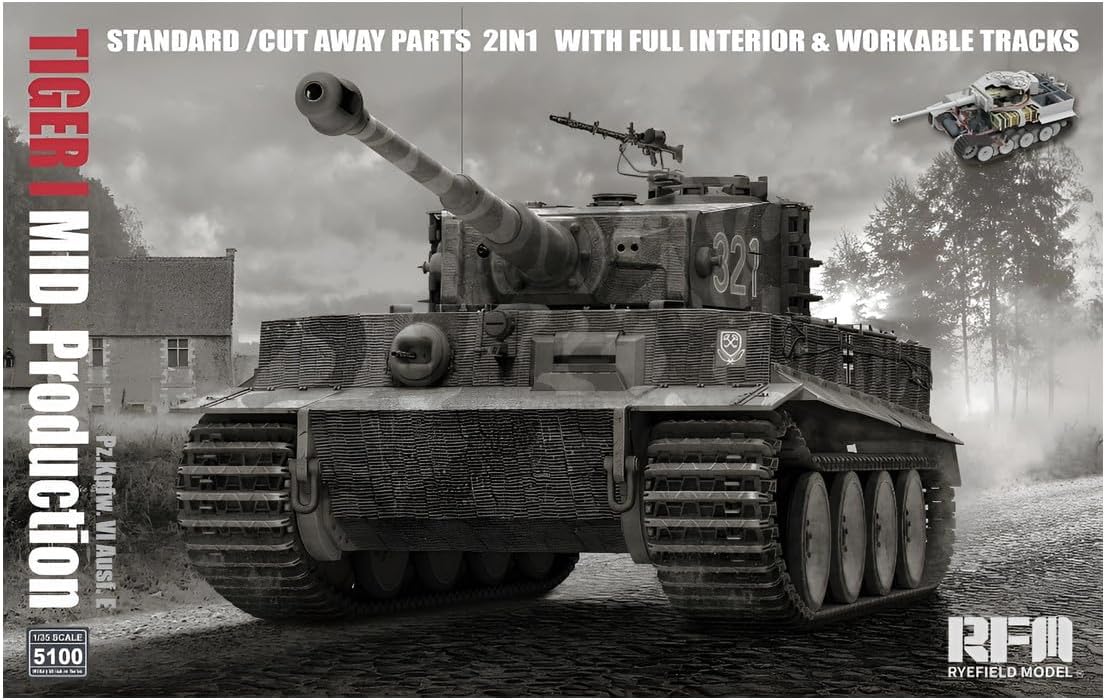 Rye Field Model RM5100 Tiger I Medium Production 2-in-1 with Cutaway Parts & Interior Scale 1:35 Model Building Plastic Kit