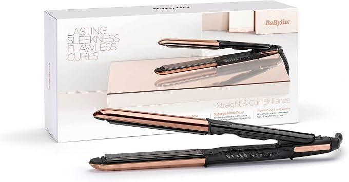 BaByliss Straight and Curl Brilliance Hair Straightener and Curler, Curved Metal Design & Platinum Diamond 2300W Professional AC Motor hairdryer, Ultra-Fast Drying, Ionic, Diffuser