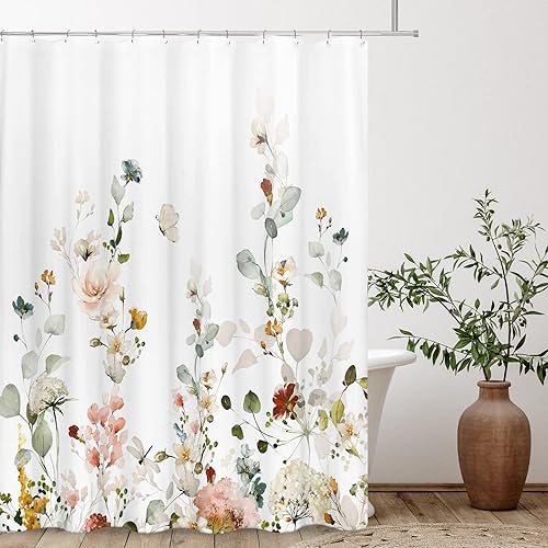Tititex Juego de cortinas de ducha coloridas con flores blancas florecientes, acuarela rosa y roja, mariposas, tropicales, decoración de baño, 71 x