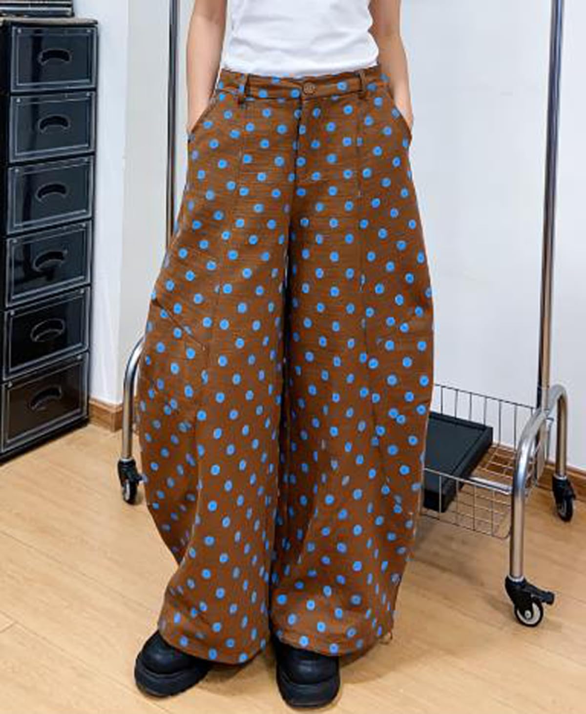 Franhais Y2K Barrel Jeans for Women Polka Dots Print High Waist Wide Leg Mom Jeans Vintage Boyfriend Denim Pants Streetwear