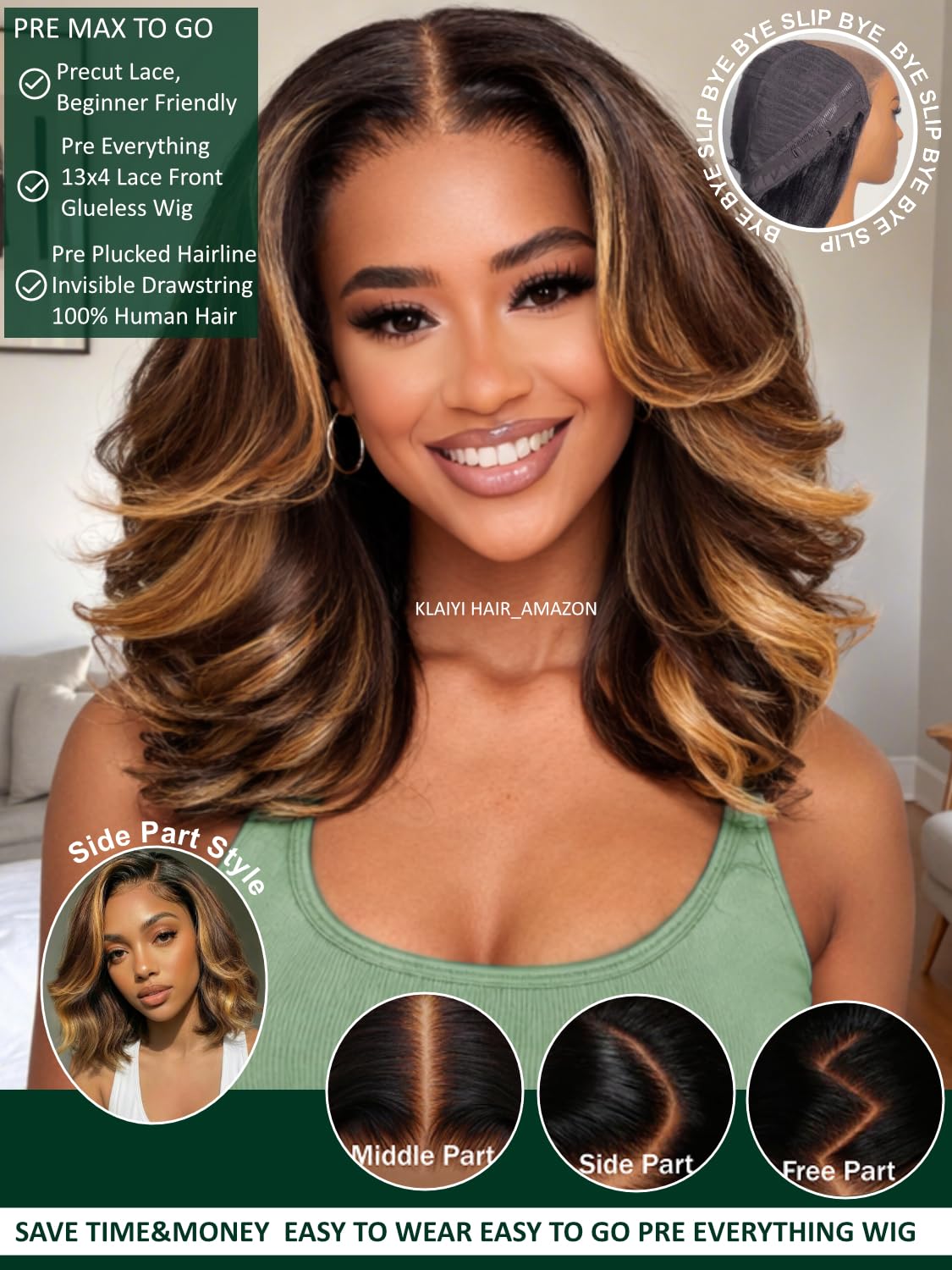 KLAIYI Pre Everything™13x4 Lace Front Glueless Bob Loose Body Wave Wig Human Hair Drawstring Ombre Brown Bye Bye Slip Pre Plucked Bleached Knots Ready to Wear and Go Wig with Face Framing Bang 10Inch