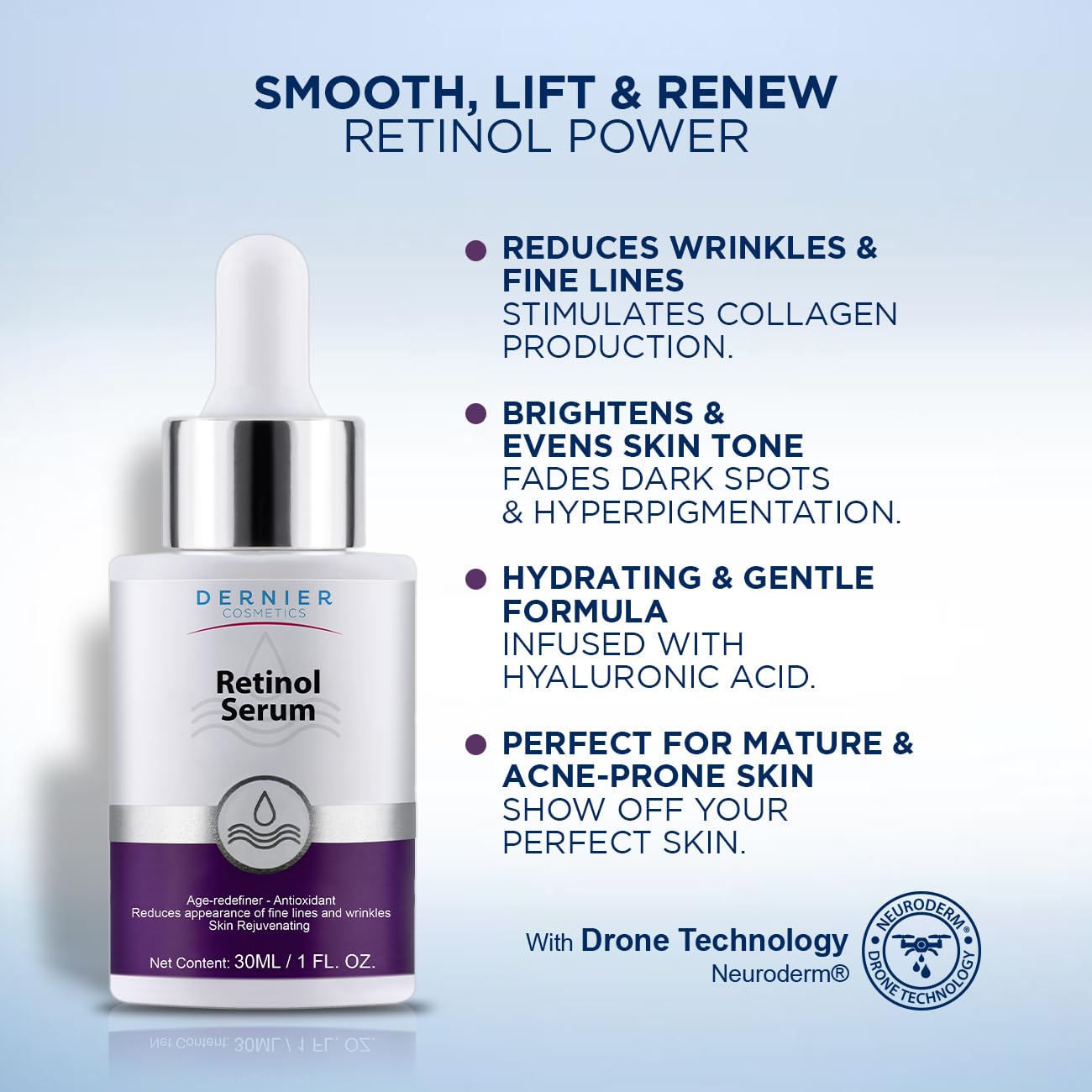 Dernier Retinol 1% Serum for Face - Anti-Aging Skin Care Serum with Hyaluronic Acid 0.5% - Reduces Wrinkles Fine Lines & Signs of Aging Night Moisturizer Ideal for Sensible Skin (1 fl oz) - Image 4