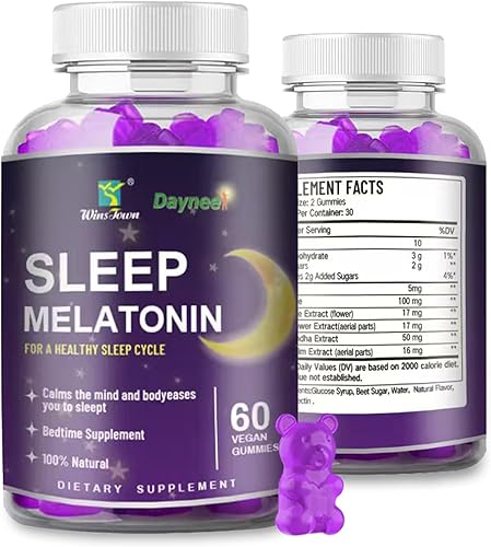 Gomitas de melatonina para dormir, 5 mg de melatonina con L-teanina y ashwagandha para un apoyo natural del sueño, veganas, sin OMG, 60 gomitas