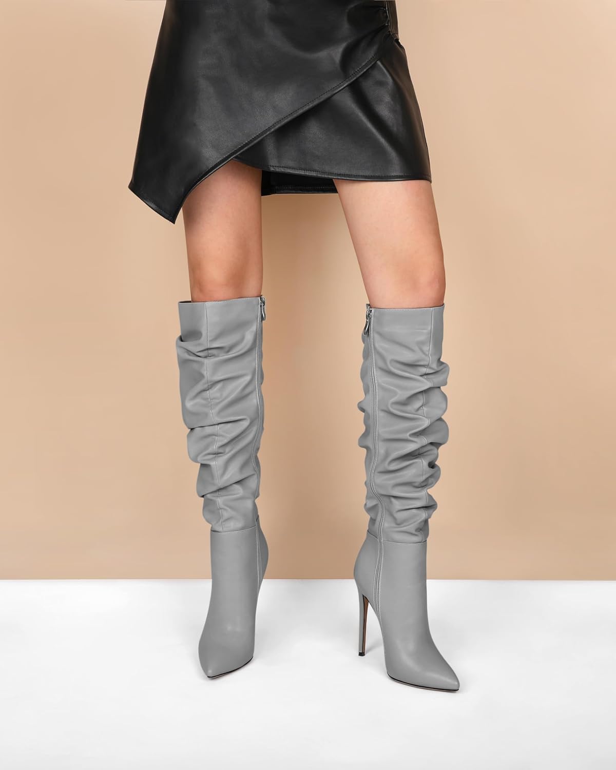 Soireelady Womens Knee High Boots Stiletto Heel Booties Pointed Toe Side Zipper Slouchy High Heeled Boots Fashion Tall Dressy Booties 5 Inches