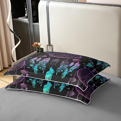 Miniatura 5 de Funda de edredón de 100 % algodón para niñas, tamaño Queen, funda de edredón de plumas bohemias, color morado, verde azulado, juego de ropa de cama