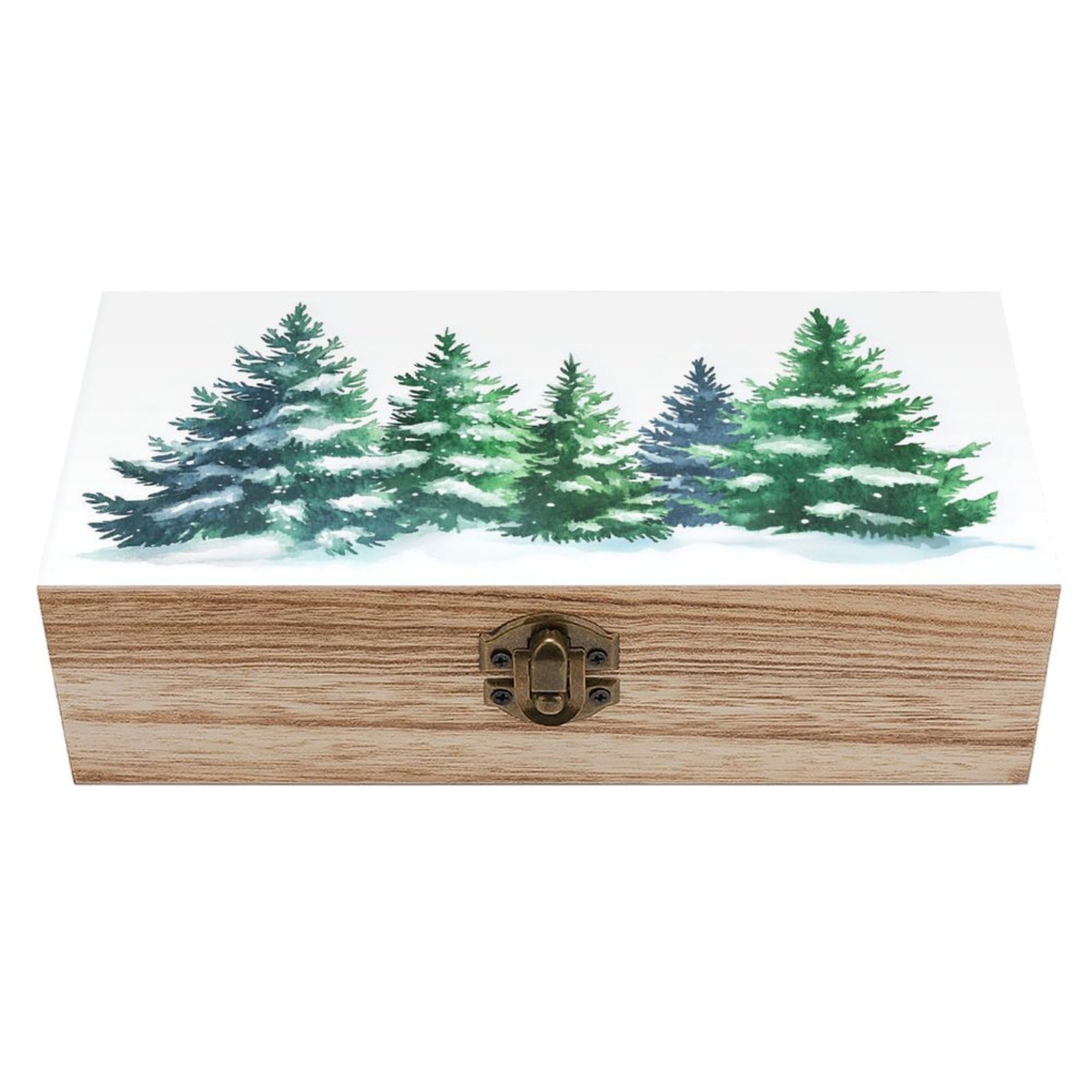 Ahdyr Watercolor Green Pine And Snow Wooden Storage Box with Hinged Lid And Front Clasp Large Keepsake Box