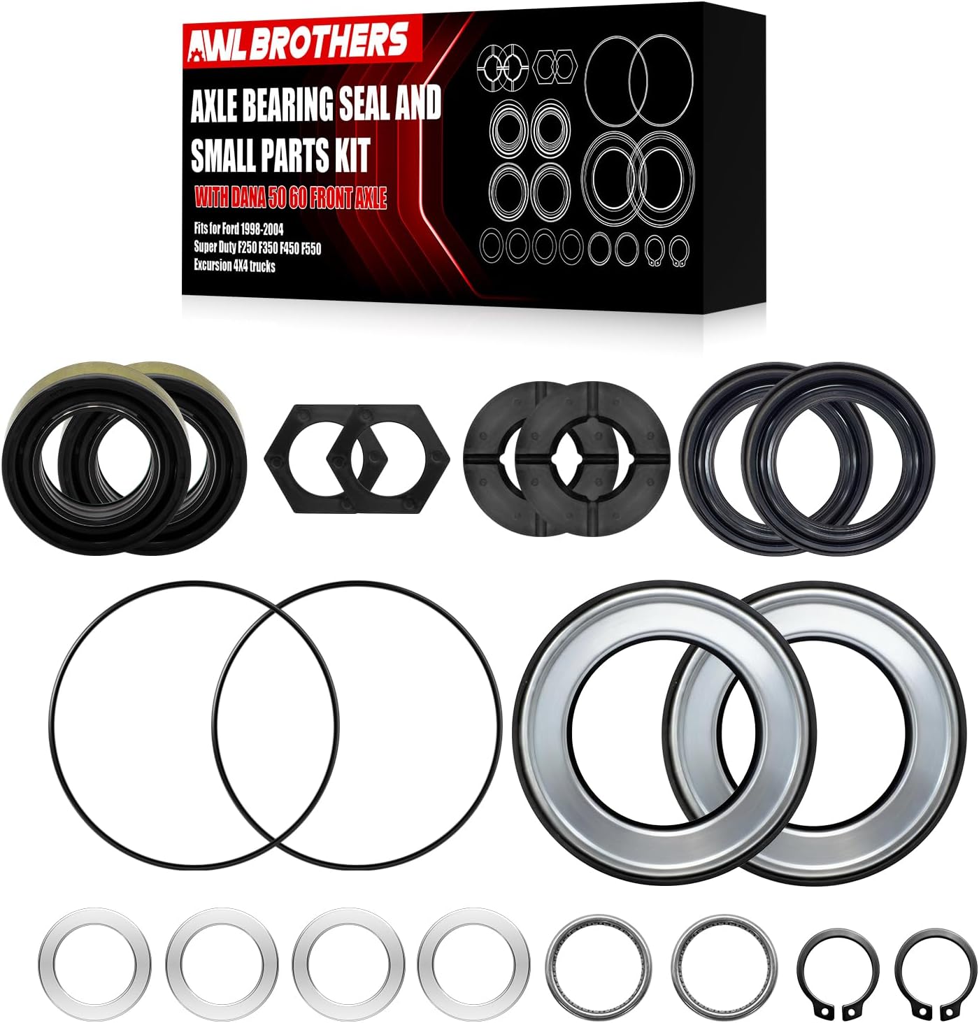For Ford Super Duty Excursion F250 F350 F450 F550 Dana 50 60 Front Axle 1998-2004 - Outer Axle Dust Seal & Inner Tube Seal & Needle Bearing & Snap Ring & Thrust Washer Seals Kit
