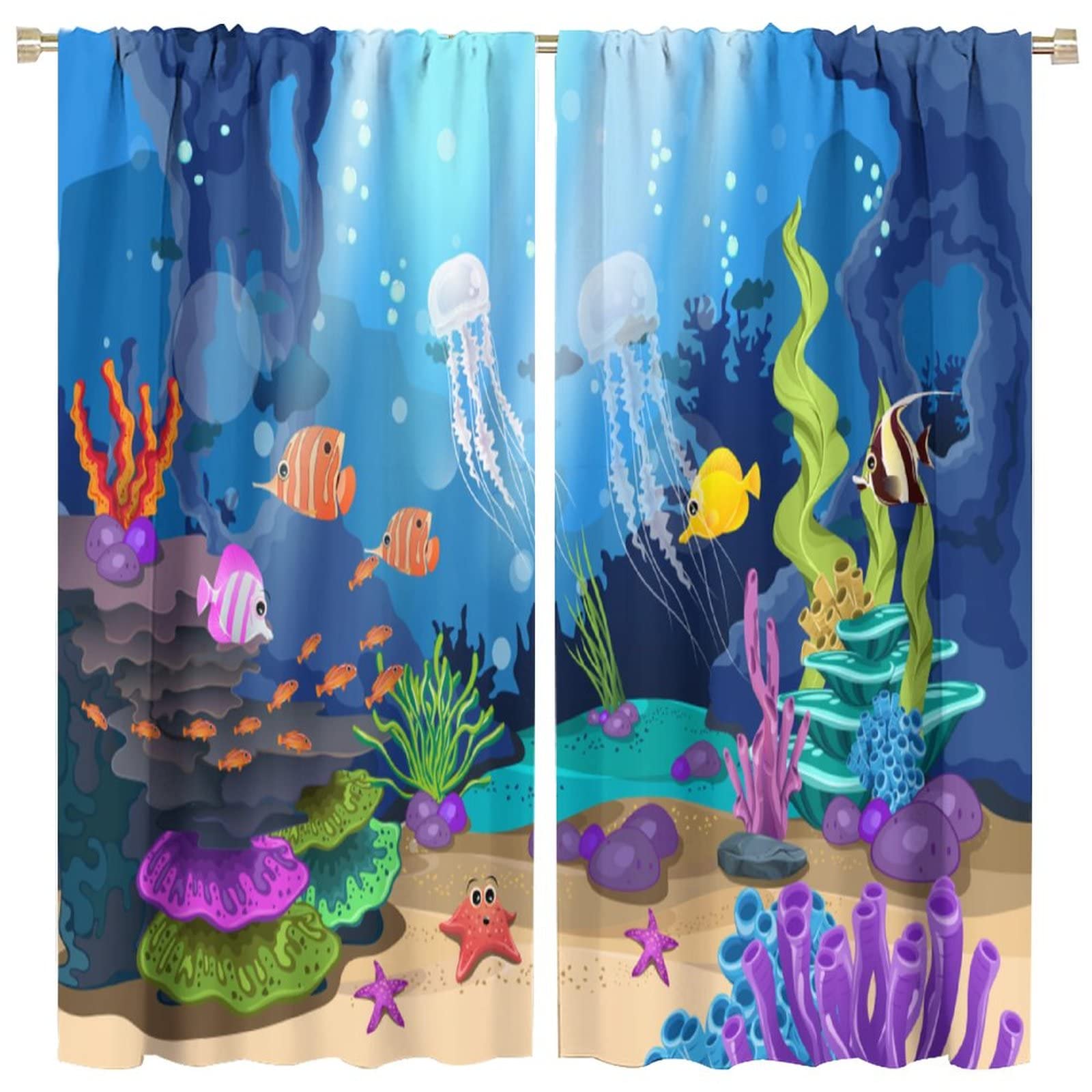 Ocean Curtains Under The Sea Colorful Jellyfish Fish Cartoon Animal Art Print for Kids Bedroom Living Room Decor Rod Pocket Blackout Window Drapes 2