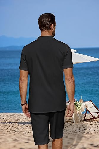 Miniatura 3 de COOFANDY Conjunto de 2 piezas de lino para hombre, camisas Henley casuales de manga corta, pantalones cortos de yoga para la playa, pantalones