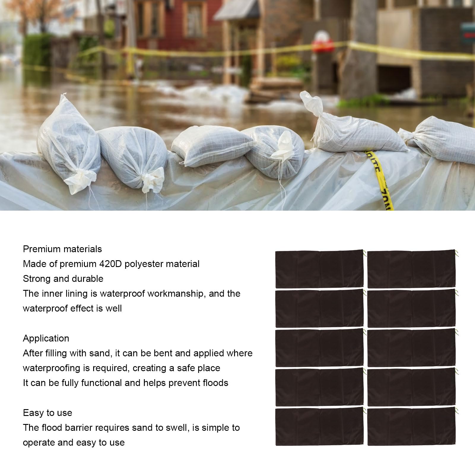 10 Piezas Bolsas de Arena para Inundaciones, 30x70cm Reutilizables 420D Poliéster Barrera de Agua para Inundaciones, Bolsas de Arena para Puerta, Ventana, Control de Inundaciones (Café)