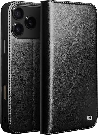 Case for iPhone 17 Pro, Genuine Leather Wallet Case with Card Slots Cash Pocket Kickstand Shockproof TPU Inner Shell Magnetic Closure Full Body Protective Cover, Black