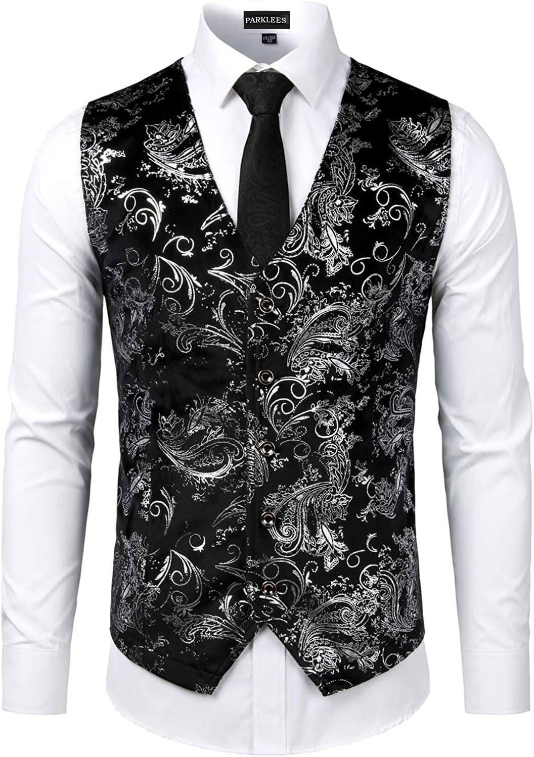 PARKLEES Klassieke 3-delige paisley gilet voor heren met stropdas en pochette set voor bruiloft, gala, feest - vest voor pak of smoking, houtskool, L