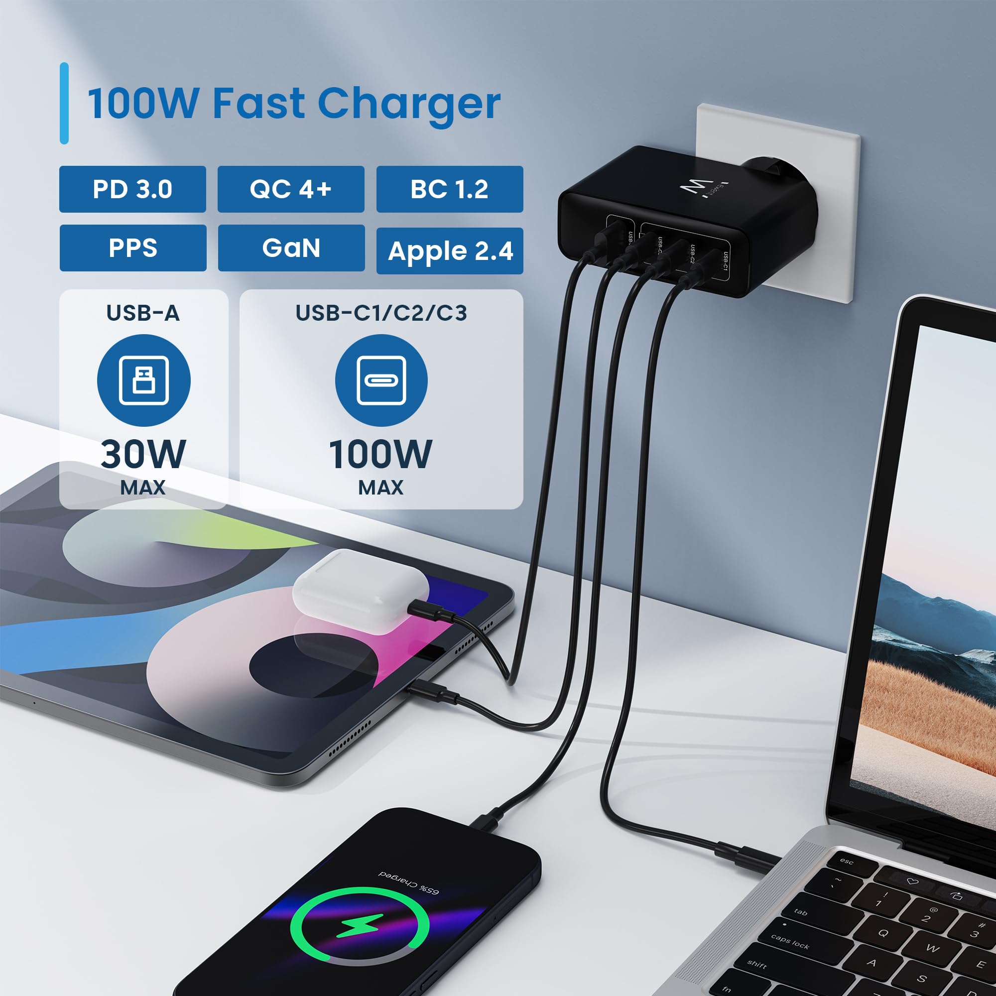Ewent Cargador USB-C GAN 100W de 4 Puertos, 3 USB-C Power Delivery PD 3.0 y Quick Charge 4+, 1 USB-A QC 3.0, Cargador Rápido para Portátil, Tablet y Smartphone, Negro
