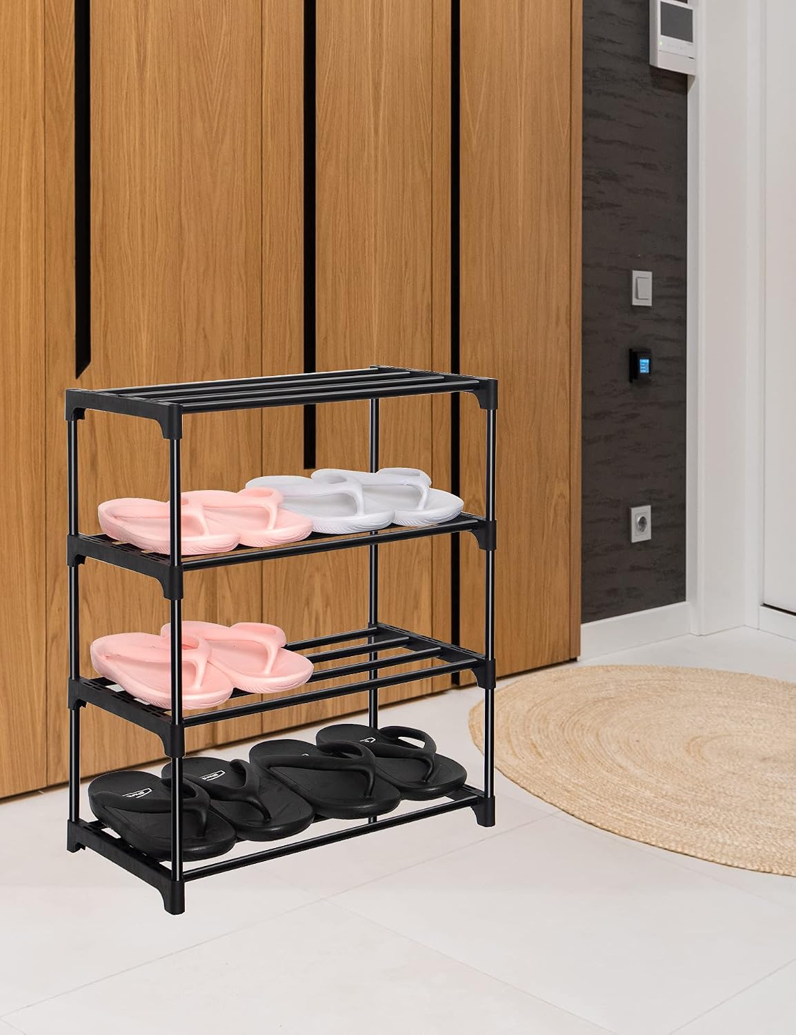 LNYZQUS Upgrade 4-Tier Small Shoe Rack, Metal Stackable Kids Shoe Shelf Storage Shoe Stand Organizer for Closet Entryway Hallway,Zapateras Organizer for Shoes(Black)