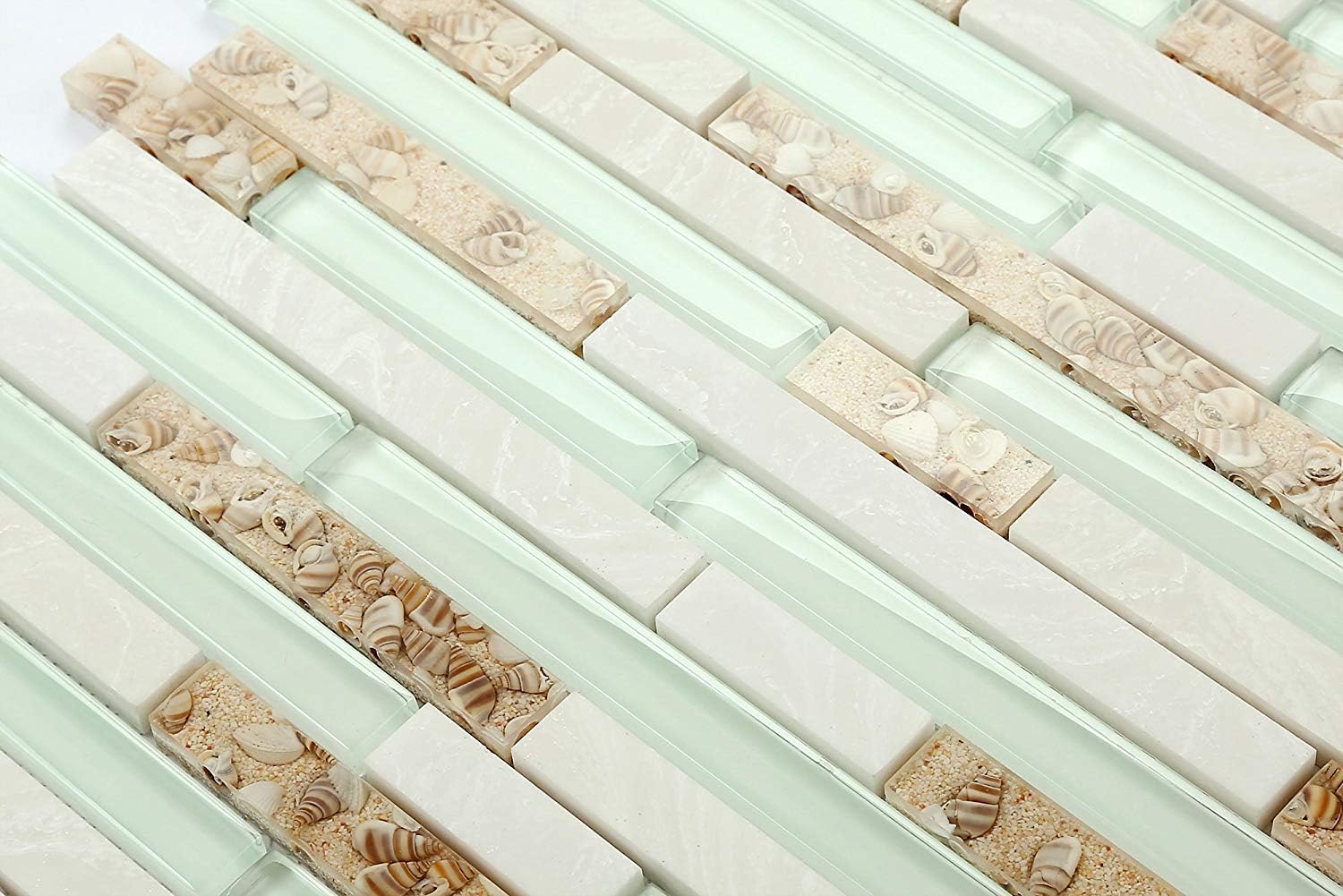 Beach Style Tile Real Seashell Conch Inside Lake Green Crystal Glass White Stone Linear Mosaic Bathroom Wall Tiles Coastal Kitchen Backsplash (5 Square Feet)